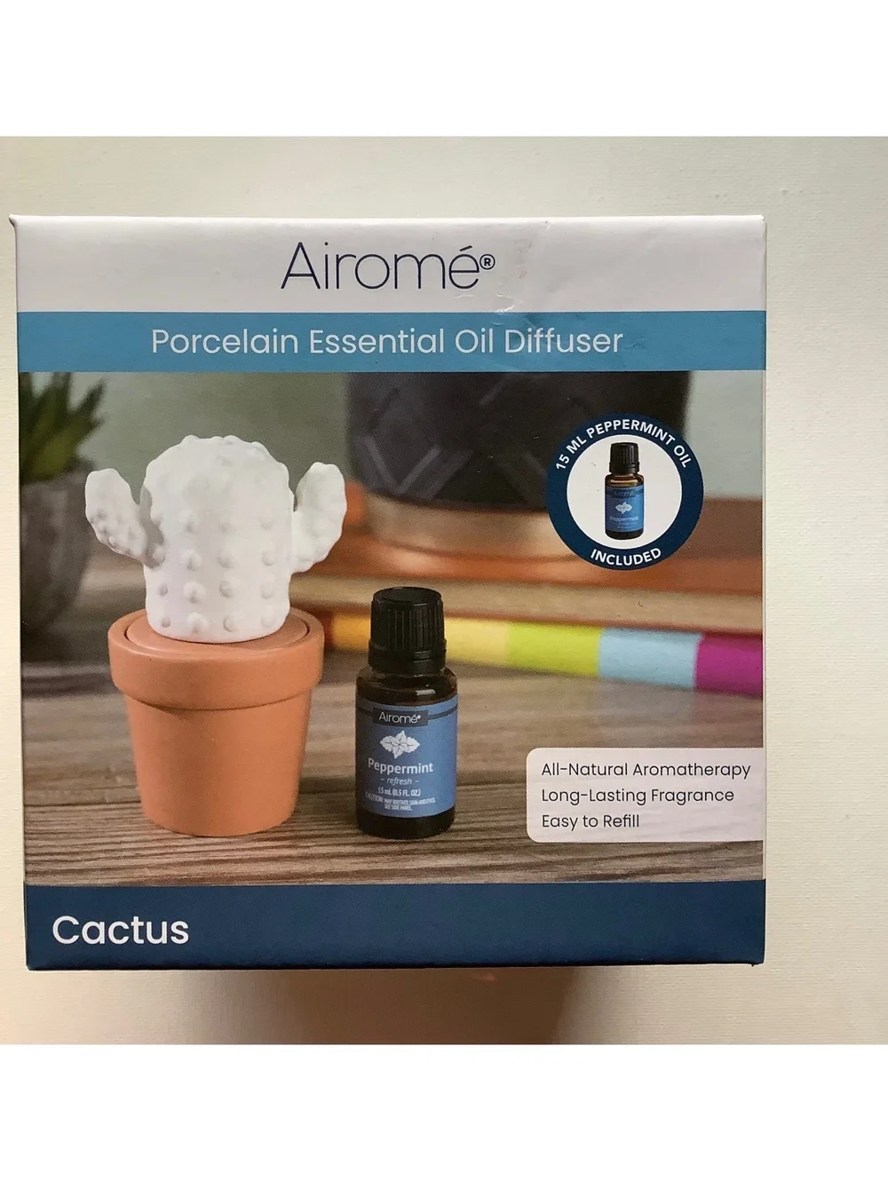 Airomé Porcelain Essential Oil Diffuser Cactus with Peppermint Oil - All-Natural